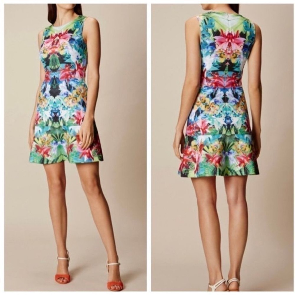 Karen Millen tropical print sleeveless scuba skater dress multi NWT Sz-4 T1